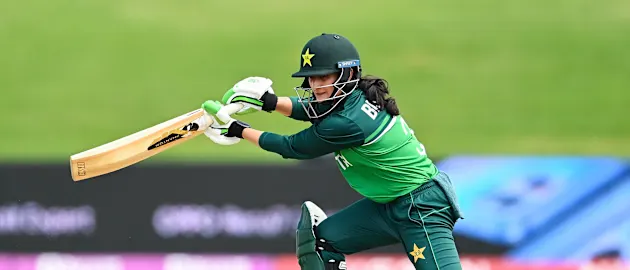 Bismah Maroof of Pakistan bats during the 2022 ICC Women's Cricket World Cup match between Australia and Pakistan at Bay Oval on March 08, 2022 in Tauranga, New Zealand.