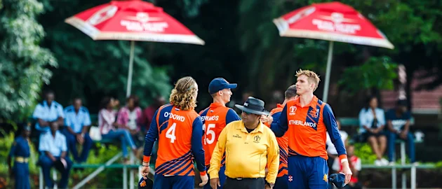 Dutch players celebrate victory after a Group A World Cup Qualifier cricket match played between Papua New Guinea and the Netherlands at Old Hararians Sports Club in Harare March 10 2018 (©ICC).