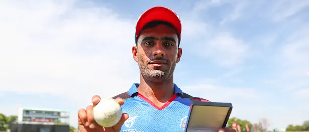 Shafiqullah Ghafari of Afghanistan pictured with the 'Player of the Match' award and match ball during the ICC U19 Cricket World Cup Group D match between South Africa and Afghanistan at De Beers Diamond Oval on January 17, 2020.