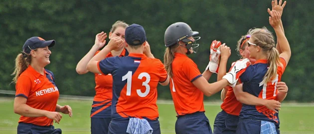 The Dutch celebrating the first wicket, NL v PNG, VRA, 10th July 2018.
