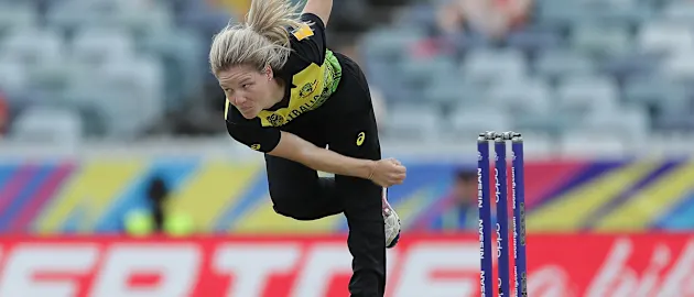 Nicola Carey of Australia bowls during the ICC Women's T20 Cricket World Cup match between Australia and Sri Lanka at WACA on February 24, 2020 in Perth, Australia.