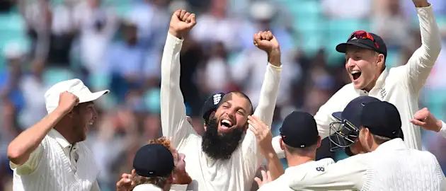Moeen Ali celebrates his hat-trick against South Africa.
