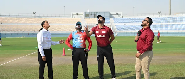 Kuwait and Qatar skippers in the middle for the toss in the opening game of the ICC Men’s T20 World Cup Asia Sub Regional Qualifier A