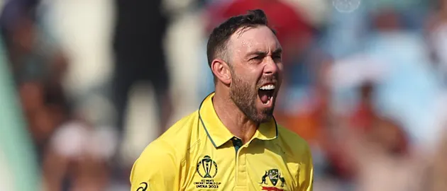 Glenn Maxwell of Australia celebrates the wicket of Temba Bavuma of South Africa during the ICC Men's Cricket World Cup India 2023 between Australia and South Africa