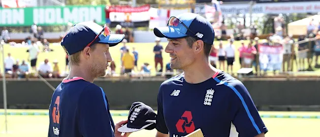 Joe Root presented Alastair Cook with his 150th Test cap ahead of the third Test of the 2017-18 Ashes in Perth