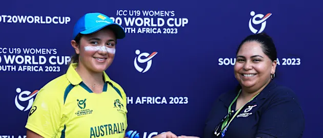 Kate Pelle of Australia poses alongside Shahnaaz Pailwan, LOC Commercial Lead after being named Player of the Match following the ICC Women's U19 T20 World Cup 2023 Super 6 match between UAE and Australia at JB Marks Oval on January 23, 2023.
