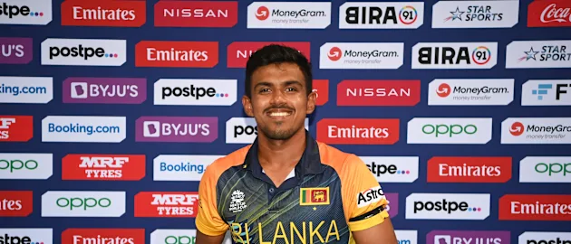 Maheesh Theekshana of Sri Lanka poses after being of named Player of the Match following the ICC Men's T20 World Cup match between Sri Lanka and Namibia at Sheikh Zayed stadium on October 18, 2021 in Abu Dhabi, United Arab Emirates.