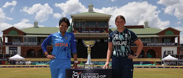 Shafali Verma, Captain of India and Grace Scrivens, Captain of England pictured with the trophy prior to the ICC Women's U19 T20 World Cup 2023 Final at JB Marks Oval on January 28, 2023 in Potchefstroom, South Africa.