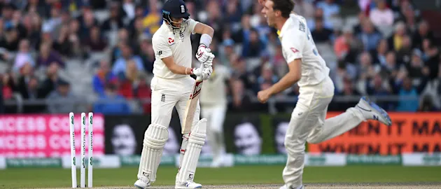 Joe Root was clean bowled first ball by Pat Cummins