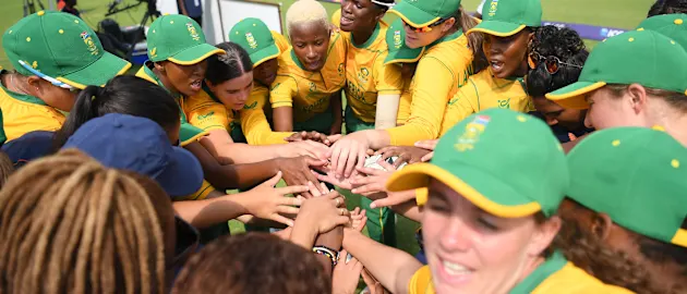 Players of South Africa huddle during the ICC Women's U19 T20 World Cup 2023 match between South Africa and UAE at Willowmoore Park on January 18, 2023 in Benoni, South Africa.