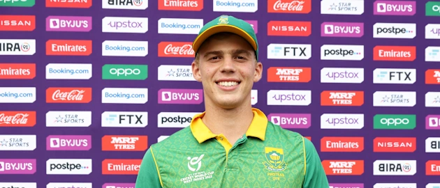 George van Heerden of South Africa poses after being named Player of the Match following the ICC U19 Men's Cricket World Cup match between South Africa and Ireland at Brian Lara Cricket Academy on January 21, 2022 in Tarouba, Trinidad And Tobago.
