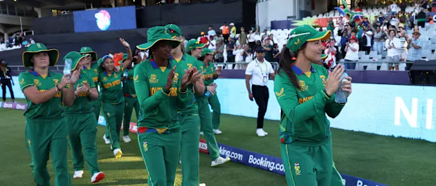 Players of South Africa interact with the crowd following the ICC Women's T20 World Cup Semi Final match between England and South Africa at Newlands Stadium on February 24, 2023 in Cape Town, South Africa.