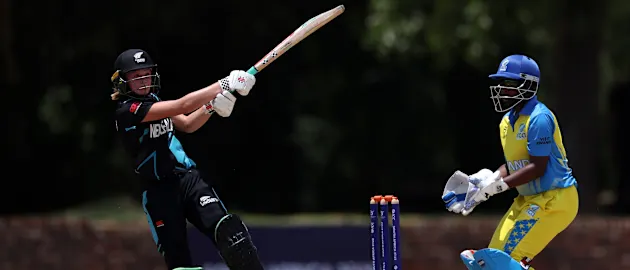 Emma McLeod of New Zealand plays a shot during the ICC Women's U19 T20 World Cup 2023 Super 6 match between Rwanda and New Zealand at North-West University Oval on January 21, 2023 in Potchefstroom, South Africa.