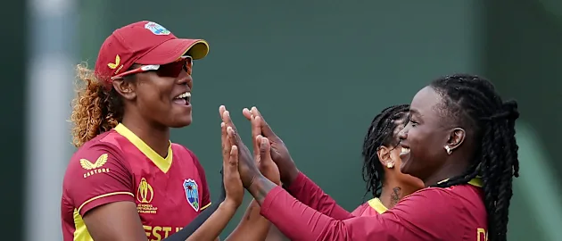 West Indies' Hayley Matthews (L) and Deandra Dottin (R) celebrate