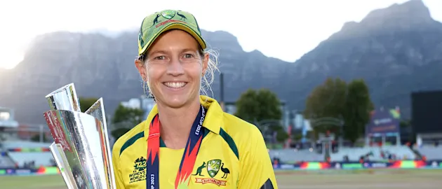 Meg Lanning of Australia lifts the ICC Women's T20 World Cup on February 26, 2023 in Cape Town, South Africa.