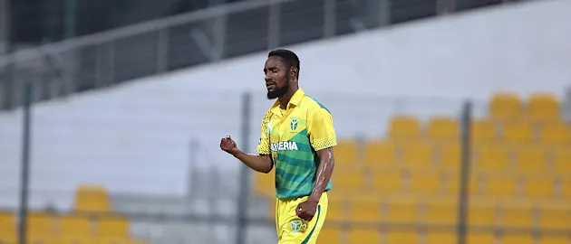 Abiodun Abioye celebrates the wicket of Kirton.