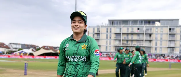 Fatima Sana of Pakistan looks on after the victory at the ICC Women's T20 World Cup England & Wales 2026. 