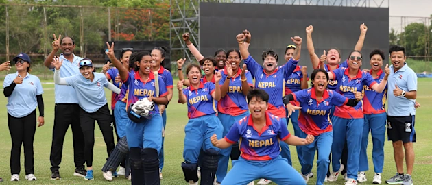 Nepal players celebrate their victory over the UAE