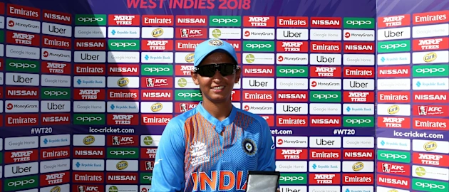 Harmanpreet Kaur of India poses with the player of the match award during the ICC Women's World T20 2018 match between New Zealand and India at Guyana National Stadium on November 9, 2018 in Providence, Guyana.