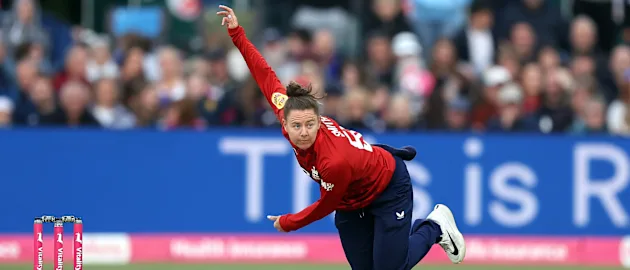 Linsey Smith of England bowls during the 1st Women's Vitality IT20 between England and West Indies at The Spitfire Ground