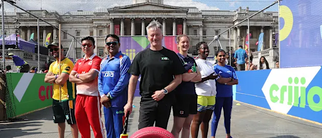 Australia Cricket Legend Steve Waugh poses for the camera with Criiio Cup Captain's Brasil, Indonesia, India, Germany, Rwanda and England during the Criiio Cup at Trafalgar Square on July 12, 2019 in London, England.