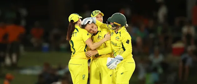 Ashleigh Gardner of Australia celebrates the wicket of Eden Carson of New Zealand for her fifth wicket during the ICC Women's T20 World Cup group A match between Australia and New Zealand at Boland Park on February 11, 2023 in Paarl, South Africa.