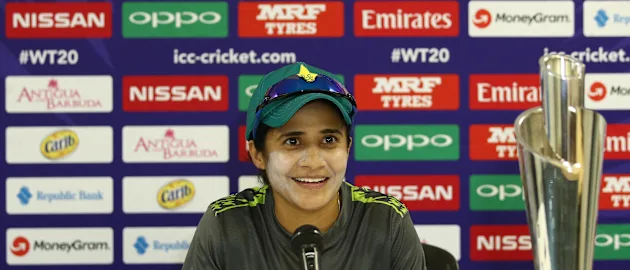 Pakistan captain Javeria Khan addresses the media during the Pakistan Captain's Arrival Press Conference ahead of the Women's World T20 2018 tournament at Coolidge Cricket Ground on November 2, 2018 in Antigua, Antigua and Barbuda.