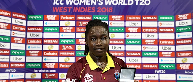 Deandra Dottin of West Indies poses with the player of the match award during the ICC Women's World T20 2018 match between West Indies and Bangladesh at Guyana National Stadium on November 9, 2018 in Providence, Guyana.