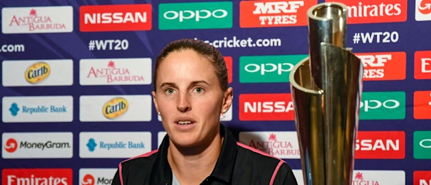 Amy Satterthwaite of New Zealand during a press conference at Coolidge Cricket Ground on November 3, 2018 in Coolidge, Antigua and Barbuda.