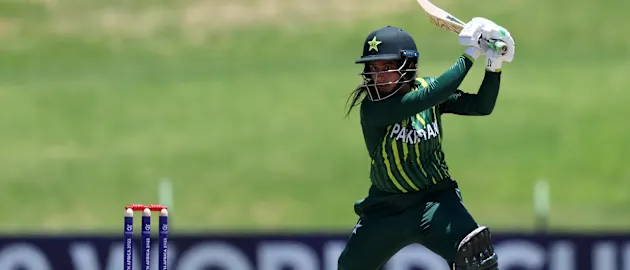Eyman Fatima of Pakistan plays a shot during the ICC Women's U19 T20 World Cup 2023 match between Pakistan and Rwanda at JB Marks Oval on January 15, 2023 in Potchefstroom, South Africa.