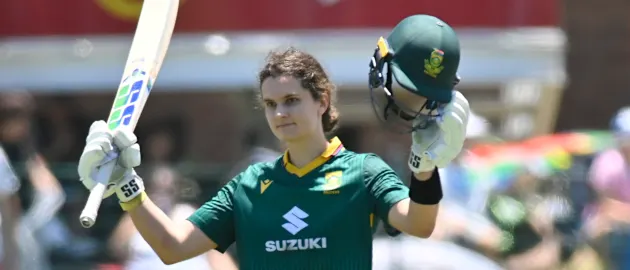 Laura Wolvaardt celebrates her fourth ODI century