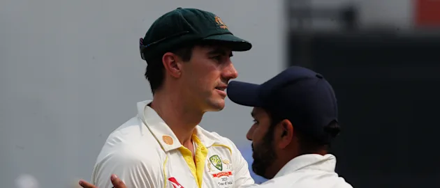 Pat Cummins of Australia interacts with the Rohit Sharma of India after the match during day three of the Second Test match in the series between India and Australia 1920x1080