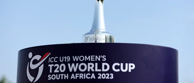 General view of the ICC Women's U19 T20 World Cup 2023 Trophy during the ICC Women's U19 T20 World Cup 2023 Super 6 match between Ireland and England at JB Marks Oval on January 21, 2023 in Potchefstroom, South Africa.