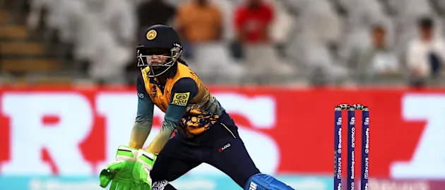 Anushka Sanjeewani of Sri Lanka gathers the ball during the ICC Women's T20 World Cup group A match between Bangladesh and Sri Lanka at Newlands Stadium on February 12, 2023 in Cape Town, South Africa.