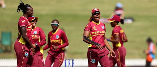 Hayley Matthews of the West Indies celebrates after taking the wicket of Deepti Sharma of India during the 2022 ICC Women's Cricket World Cup match between West Indies and India at Seddon Park on March 12, 2022 in Hamilton, New Zealand.