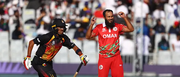 Zeeshan Maqsood of Oman reacts during the ICC Men's T20 World Cup match between Oman and PNG at Oman Cricket Academy Ground on October 17, 2021 in Muscat, Oman.
