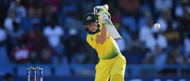 Alyssa Healy of Australia bats during the ICC Women's World T20 2018 Semi-Final match between Windies and Australia at Sir Viv Richards Cricket Ground on November 22, 2018 in Antigua, Antigua and Barbuda.