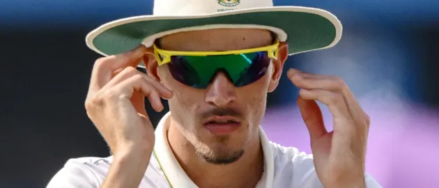 Marco Jansen adjusts his sunglasses during the third day of the second Test cricket match between India and South Africa