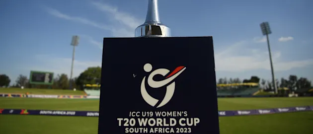 The  ICC Women's U19 T20 World Cup Trophy is seen during the ICC Women's U19 T20 World Cup 2023 match between South Africa and Scotland at Willowmoore Park on January 16, 2023 in Benoni, South Africa.