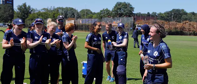 Scotland's K Bryce is the Player of the Match with her teammates after the win over PNG, 3rd Place Play-off, ICC Women's World Twenty20 Qualifier at Utrecht, Jul 14th 2018.