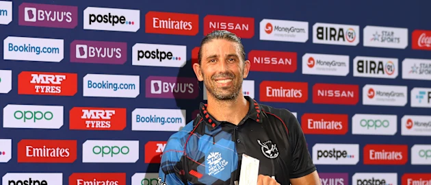 David Wiese of Namibia poses after being named Player of the Match following the ICC Men's T20 World Cup match between Namibia and Netherlands at Sheikh Zayed stadium on October 20, 2021 in Abu Dhabi, United Arab Emirates.