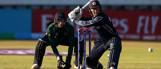 Michael Leask of Scotland sweeps the ball for a four during the ICC Men's Cricket World Cup Qualifier Zimbabwe 2023 match between Ireland and Scotland at Queen’s Sports Club on June 21, 2023 in Bulawayo, Zimbabwe.