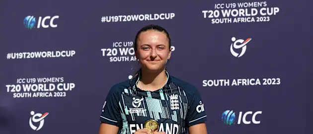 Hannah Baker of England poses for a photograph with the Player of the Match coin after the ICC Women's U19 T20 World Cup 2023 Semi Final match between England and Australia  at JB Marks Oval on January 27, 2023 in Potchefstroom, South Africa.