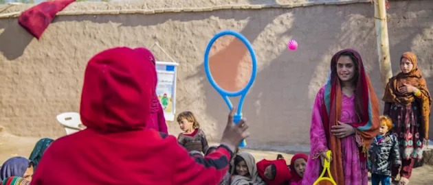 Saima, 12, plays with other girls at a child-friendly space in Nangarhar province, eastern Afghanistan.