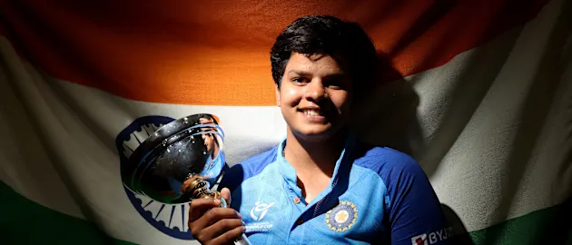 Shafali Verma of India poses with the ICC Women's U19 T20 World Cup Trophy.