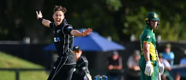 Trent Boult celebrates the wicket of South Africa captain AB de Villiers