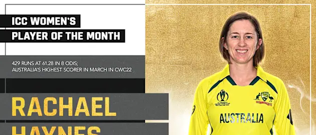 Rachael Haynes was voted the ICC Women's Player of the Month for March 2022