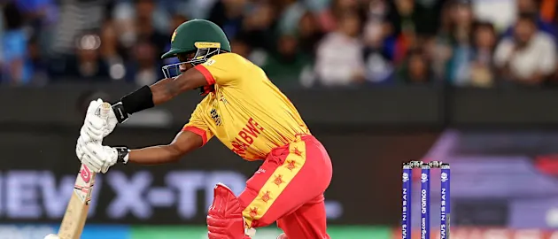 Wesley Madhevere plays a shot during the ICC men's Twenty20 World Cup 2022 cricket match between India and Zimbabwe at Melbourne Cricket Ground (MCG) on November 6, 2022 in Melbourne.