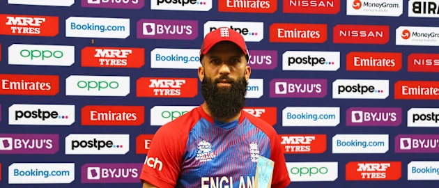 Moeen Ali of England poses after being named Player of the Match following the ICC Men's T20 World Cup match between England and Windies at Dubai International Stadium on October 23, 2021 in Dubai, United Arab Emirates.