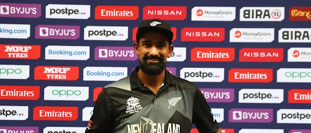 Ish Sodhi of New Zealand poses with the player of the match award after the ICC Men's T20 World Cup match between India and NZ at Dubai International Stadium on October 31, 2021 in Dubai, United Arab Emirates.